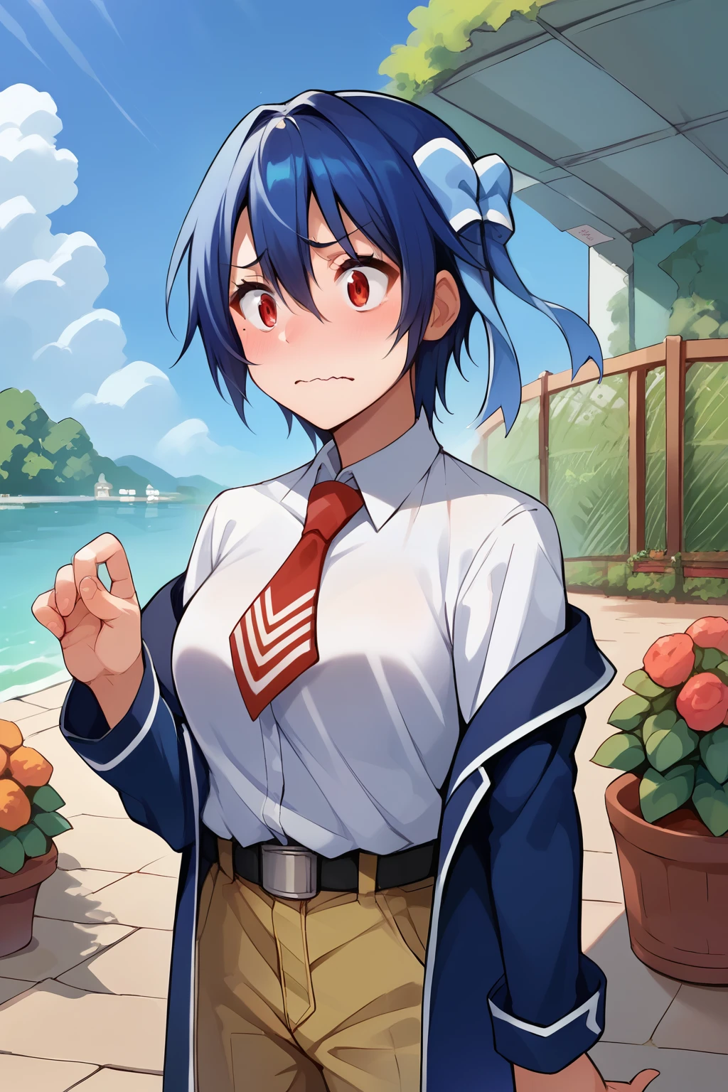 score_9, score_8_superior, score_7_superior, score_6_superior, sauce_anime, 1 girl, solo BREAK tsugumi seishirou, mole under eye, blue hair, short hair, hair ribbon, blue jacket, white shirt, collared shirt, red tie, belt, Brown pants, wavy mouth, wave hands, garden, blue sky, wood, I&#39;m watching you, medium breasts