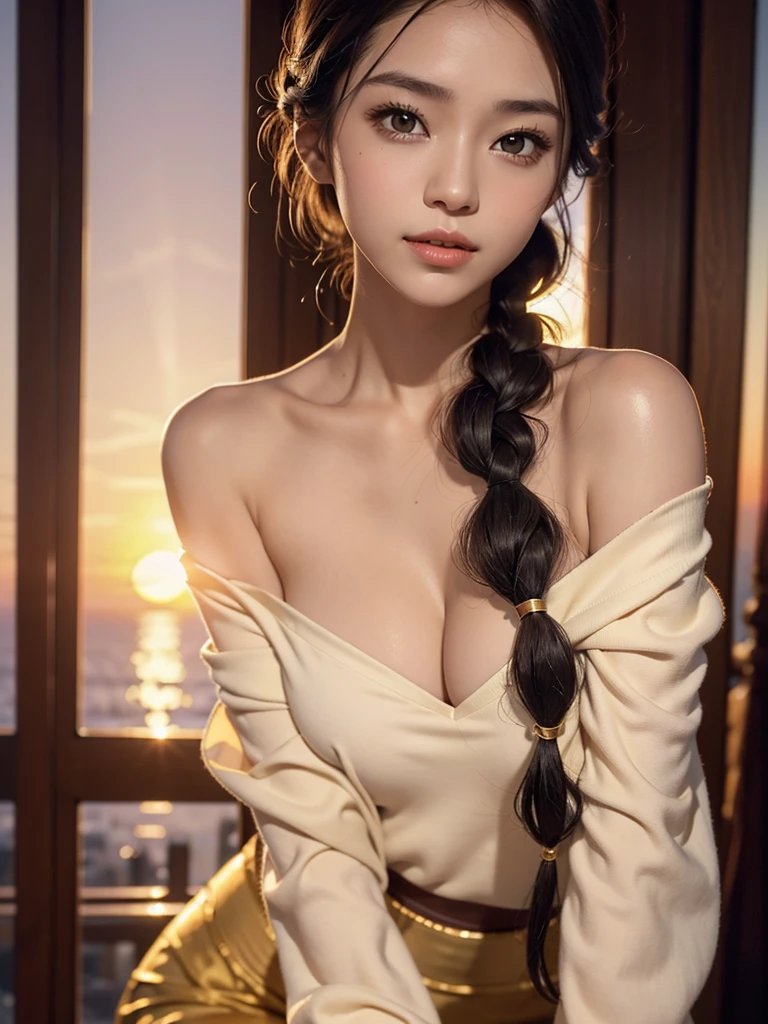 (best image quality, 8K,32k,masterpiece, UHD:1.2),Raw photo,(genuine:1.4),cinematic lighting,(sunset:1.5),european cityscape,1 female,20 year old beauty,beautiful japanese woman,slim abs,beautiful breasts,erect nipples,(medium hair:1.2), shiny hair, Braid, black hair, light makeup, glossy lips, fine-textured skin, transparent skin, double, The sparkle in your eyes is beautiful, Sensual long legs, shy smile, (Beige off-shoulder;1.2)