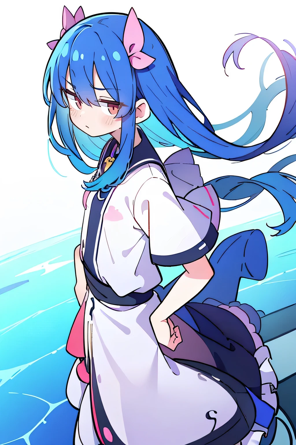 (masterpiece),best quality, expressive eyes, perfect face, 1girl,
Put your hands on your waist,fair, Gorgeous,Japanese cartoons,girl,lola,Hina Angel, blue hair, blue haired, floating clothes,Grab your waist, Grab your waist, hands on hips , hands on hips,flat chest,Lie in the pool,lake,Lie on the ground,