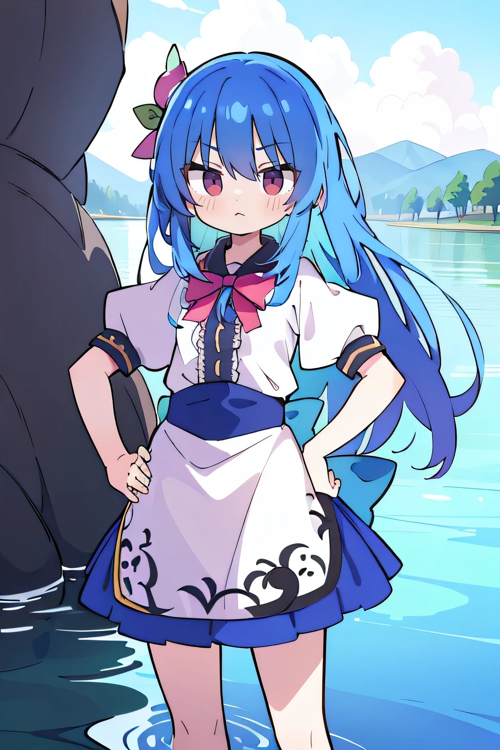 (masterpiece),best quality, expressive eyes, perfect face, 1girl,
Put your hands on your waist,fair, Gorgeous,Japanese cartoons,girl,lola,Hina Angel, blue hair, blue haired, floating clothes,Grab your waist, Grab your waist, hands on hips , hands on hips,flat chest,Lie in the pool,lake,Lie on the ground,