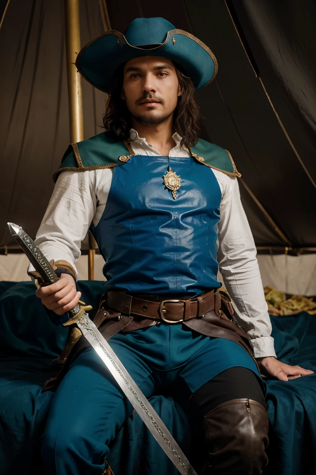 Very realistic Santiago in rich noble musketeers renaissance costume blue and yellow colours. and dark leather musketeer hat with green piumino. with mortuary sword in hand. sit on wodden ????? in medieval tent with fire bracer
