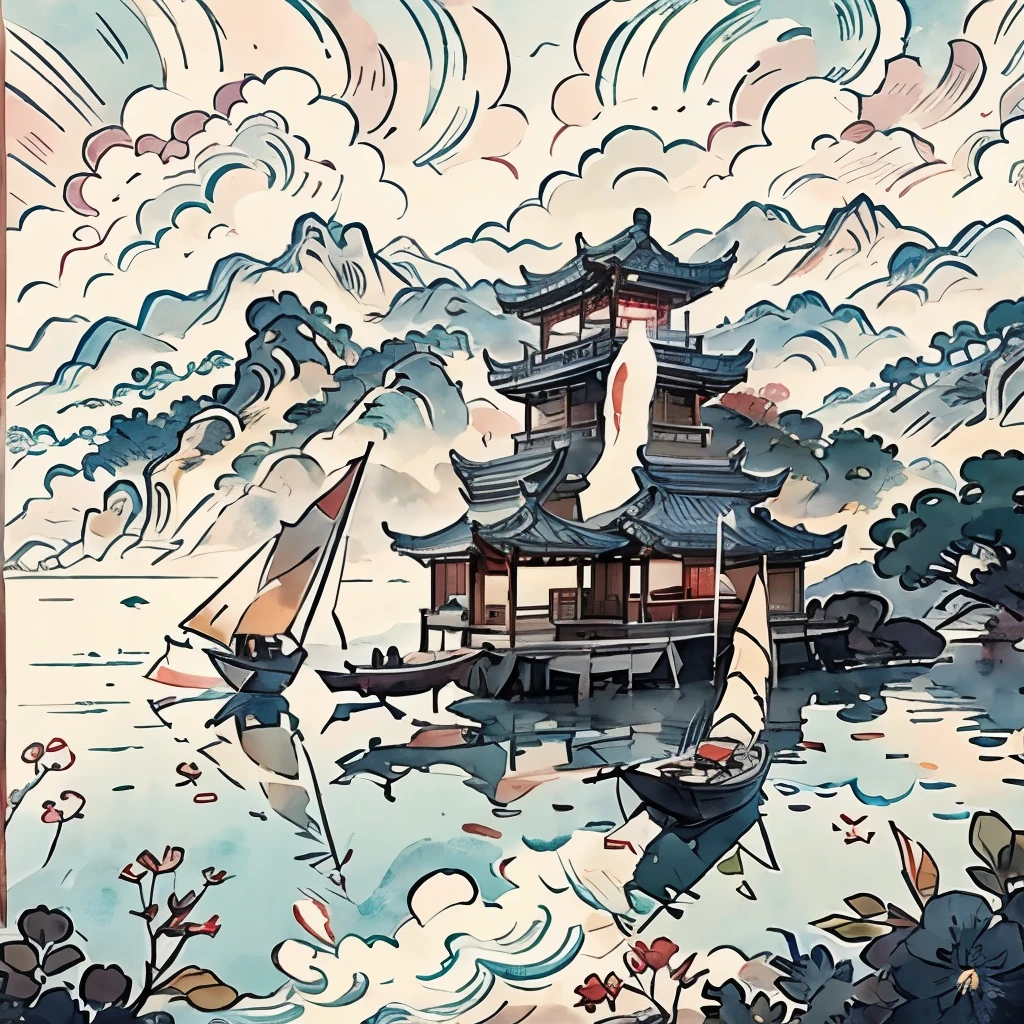 Mountain painting with a pagoda on a small island, Chinese watercolor style, Chinese painting风格, pagoda figures, Chinese landscape, Chinese traditional watercolor painting, Chinese painting, Japanese art style, High detail watercolor 8K, Highly detailed watercolor 8k, Detailed 4k, The whole thing looks like the two Chinese characters Wang Wei