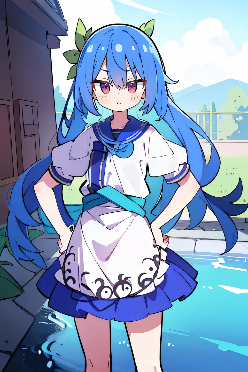 (masterpiece),best quality, expressive eyes, perfect face, 1girl,
Put your hands on your waist,fair, Gorgeous,Japanese cartoons,girl,lola,Hina Angel, blue hair, blue haired, floating clothes,Grab your waist, Grab your waist, hands on hips , hands on hips,flat chest,Lie in the pool,lake,Lie on the ground,