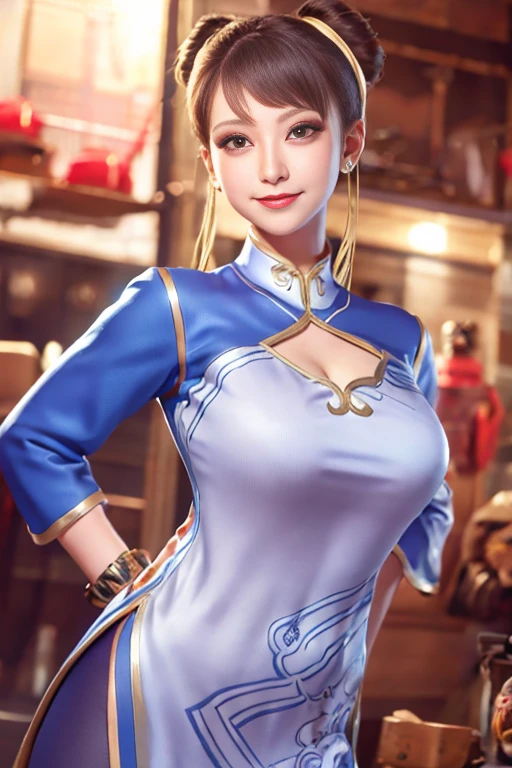 real image、masterpiece、1 beautiful girl、double eyelid、highest quality, 超High resolution, (reality: 1.4), movie lighting、asian beauty、super beautiful、beautiful skin、body turns forward、close up of face、(超reality的な)、(High resolution)、(8K)、(very detailed)、(beautiful and fine eyes)、(Super detailed)、 (wall-)、detailed face、bright lighting、professional lighting、looking at the viewer、look straight ahead、slanted bangs, perfect face, brown hair, medium hair、From SF6, smile, open your mouth、wide hips, muscular woman, ((big breasts))、Tight blue Chinese clothing, cleavage、slit、pantyhose,