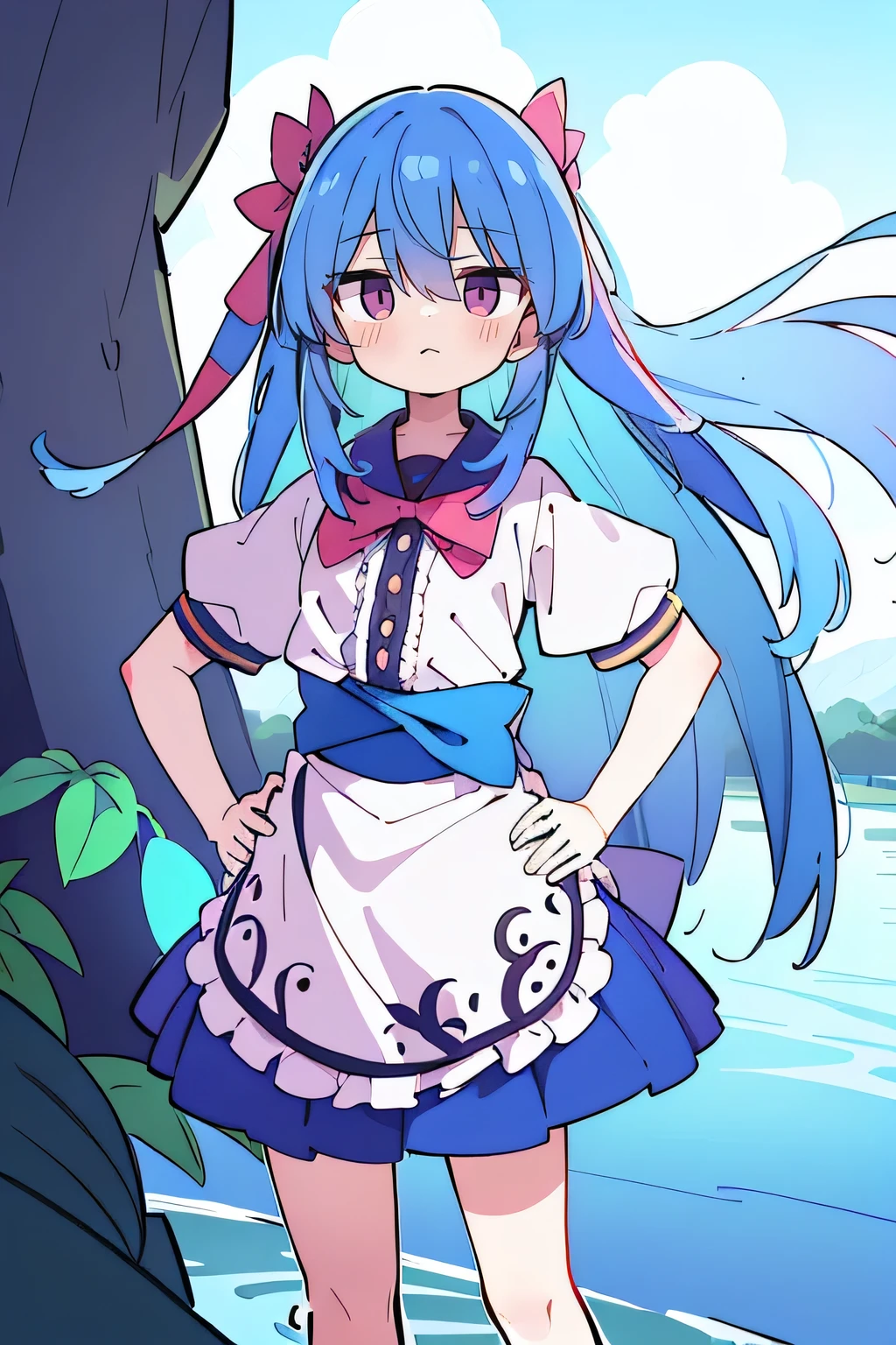 (masterpiece),best quality, expressive eyes, perfect face, 1girl,
 Put your hands on your waist,fair, Gorgeous,Japanese cartoons,girl,lola,Hina Angel, blue hair, blue haired, floating clothes,Grab your waist, Grab your waist, hands on hips , hands on hips,flat chest,Lie in the pool,lake,Lie on the ground,