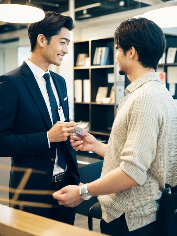 Japanese Two men exchanging business cards bright office