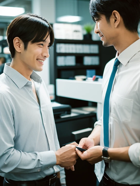 Japanese Two men exchanging business cards bright office