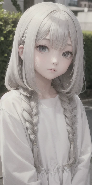 highest quality, masterpiece,gray hair, gold eyes,white clothes, look up, Upper body,bundle of hair,Fair skin,side braids,street