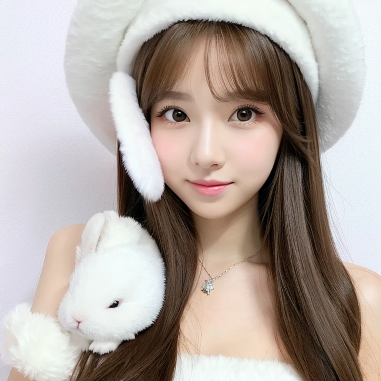 Cute kpop girl with brown long hair and brown eyes and white bunny hat and white crop top majicmix artstyle cute anime selfie white background wall 