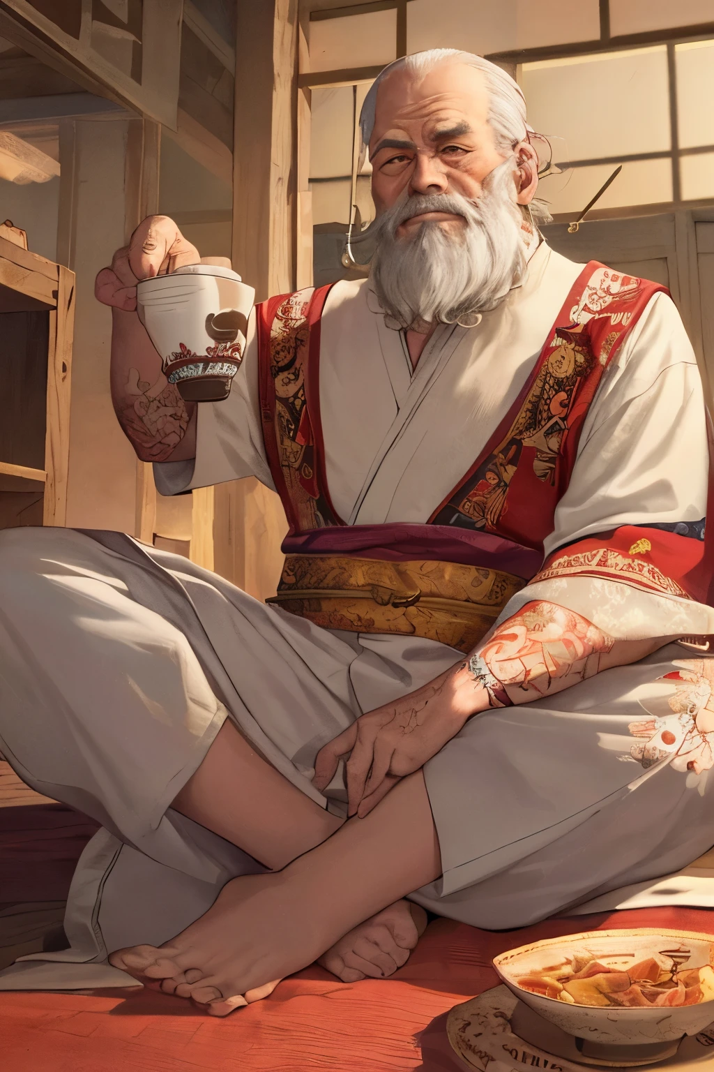 Heian era old man, sitting serenely with wrinkled face and silver beard, wearing traditional robes, against the backdrop of autumn leaves falling gently, perfect anatomy, intricate tattoo designs adorning his arms, looking into the distance with wise and knowing eyes, clutching a tea cup, puppa-like slippers on his feet, delicate and intricately designed fan in hand, indoors, warm and welcoming room filled with antiques.