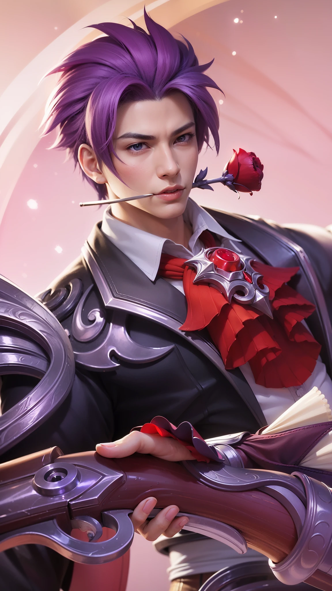 anime - style image of a male character with purple hair and a red tie, ! dream artgerm, extremely detailed artgerm, range murata and artgerm, artgerm. high detail, g liulian art style, artgerm portrait, shadowverse style, by Yang J, arcane art style, 8k, ultra hd, ultra detailed texture, hyper realistic, masterpiece, detailed texture, detailed face, detailed skin, detailed lighting, (photorealistic:1.5), best quality, beautiful lighting, cinematic lighting, professional lighting, ultra highres, realistic, detailed hair, real hair, high quality, (realskin:1.5), extremely detailed, finely detail, ultra-detailed, biting the stem of a red rose, blue eyes.