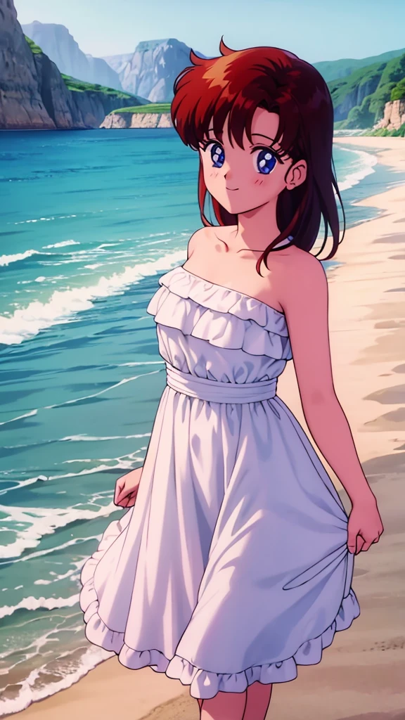 1990s \(style\), masterpiece, best quality, highres, outdoors, small breasts, 1 girl, Solo, UsagiTsukino, Blue Eyes, Beautiful Detail Eyes, Yellow Medium Hair, Short Straight Hair, Good hands are down, Smile, Blushing, Bare Neck, Bare Shoulders, strapless, White Ruffle Off-the-Shoulder maxi dress. Cowboy shot. A landscape of the beach, blue skies, sand beach, ocean waves. In the center. Walking in bare feets.