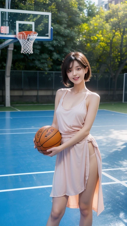 NOWAI、Under the scorching sun、Sitting on the basketball court、Several people playing basketball in the background々、Cute little girl s、hi-school girl、Teen、a baby face、White bra、Black panties、Wear different types of underwear on top and bottom、Sheer underwear、Small underwear、Wet and see-through underwear、large full breasts、A slender、big breasts thin waist、Bery short hair、full body Esbian、top-quality、8K、no-makeup、masterpiece、超A high resolution、Photorealsitic、ssmile、Ekbo、Raise your arms、Show armpit hair、