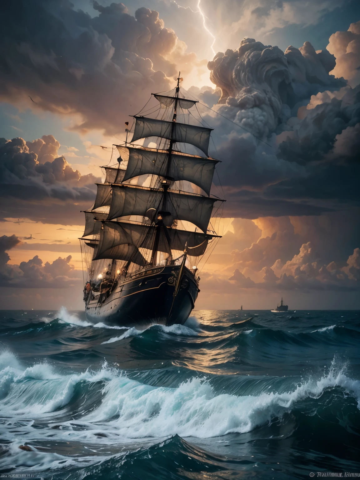 Surreal art of a pirate ship in the midst of a sea storm of large waves, an ancient column immersed in the abstract, swirling waves of the sea, billowing in the stormy air as the spectacular setting sun paints the sky. with red clouds, dark clouds intertwined with lightning and a gentle drizzle, watercolor style masterpiece with a dodge effect creating a stormy sky, ancient Greek city blurred in the distance, ancient city in fog, lighthouse shining, the lighthouse illuminates the sea, old galeon ship battered by storm, art realistic oil painting,