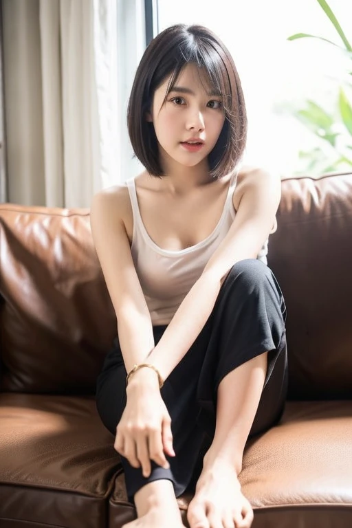 Black short straight hair,thin,height: 170cm,beautiful woman,Navel exposed、Sitting on the sofa