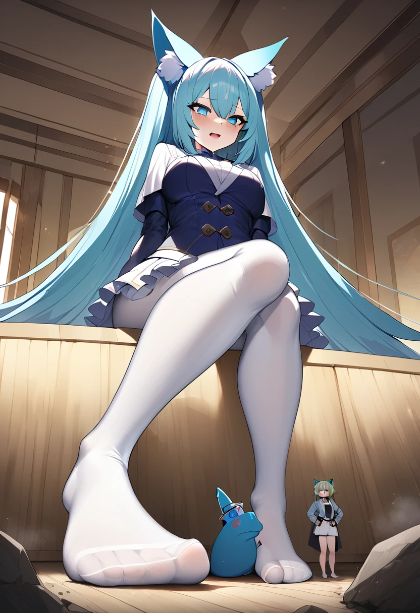 huge,age girl,short skirt,teasing,A giant girl taller than a building,Wear white pantyhose,Toyed around,shrouded in the villain,Sitting on the ground,Toyed around,low angle of view,arroganthuge,Light cyan hair,Big blue cat ears,Teengirl,short skirt,Teasing the villain,A giant girl taller than a building,arrogant,Those who don't wear shoes