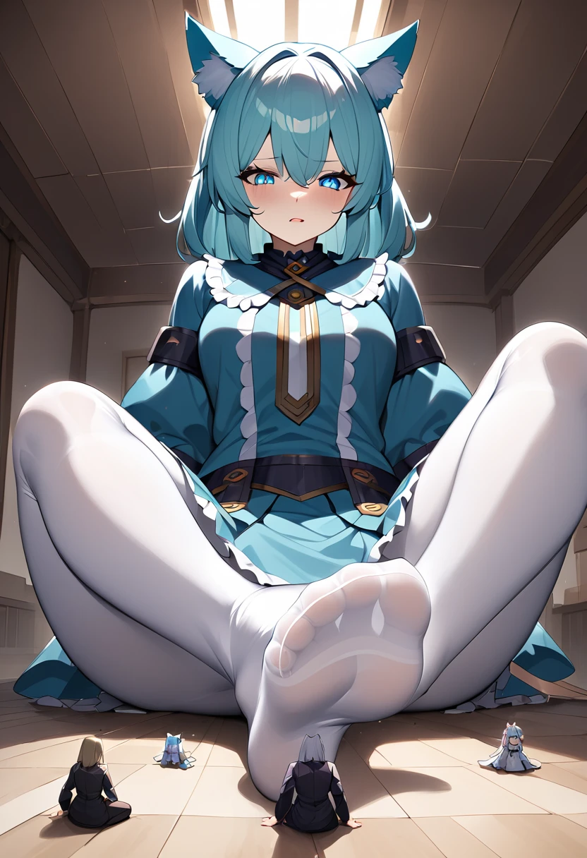 huge， girl，short skirt，teasing，A giant girl taller than a building，Wear white pantyhose，Toyed around，shrouded in the villain，Sitting on the ground，Toyed around，low angle of view，arroganthuge，Light cyan hair，Big blue cat ears，Teenage girl，short skirt，Teasing the villain，A giant girl taller than a building，arrogant,Those who don't wear shoes