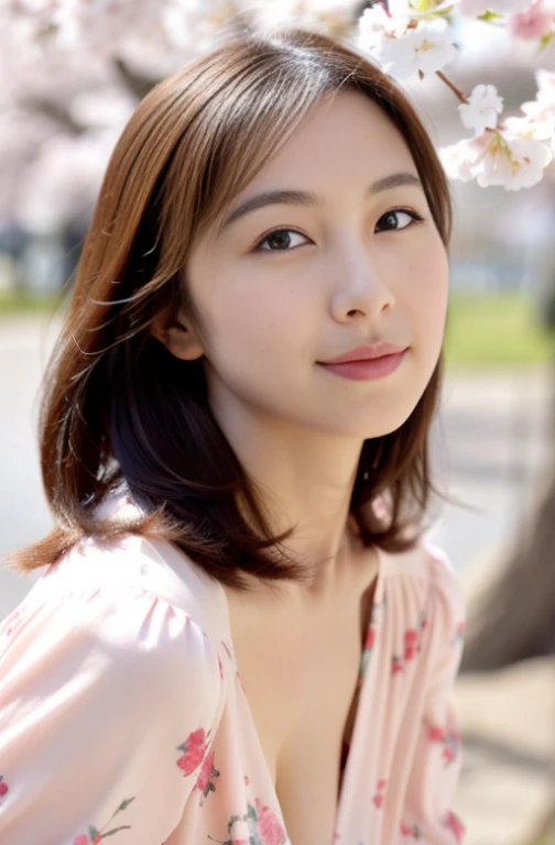 1 girl,In the midst of the cherry blossoms,soft light、The face remains a model、Wearing a light blouse、Squeeze the waist、solo shot、model shot、(front、looking at me)、big breasts、cute、(Watching us from a distance:1.3)