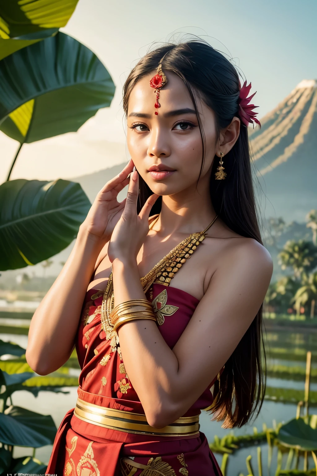 RAW, Best quality, high resolution, masterpiece: 1.3), Beautiful Balinese girl in traditional red attire and Balinese sash (selamban), Giving a peaceful "Om Swastiastu" gesture in front of Mount Agung, Detailed face with expressive features, vivid red clothing, intricate Balinese patterns, traditional offerings in hands, serene expression, simplistic yet beautiful background, volumetric lighting, natural elements of Bali, rice paddies, lotus flowers, exotic birds, lush greenery, authentic Balinese culture. 3D Octane rendering, ray tracing, super detailing viewer, close-up.