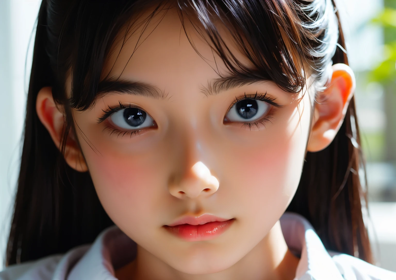 Beautiful  Japanese woman), cute face, (deeply carved face:0.7), (freckles:0.6), soft light,healthy white skin, shy, (serious face), thin, smile, uniform, ponytail