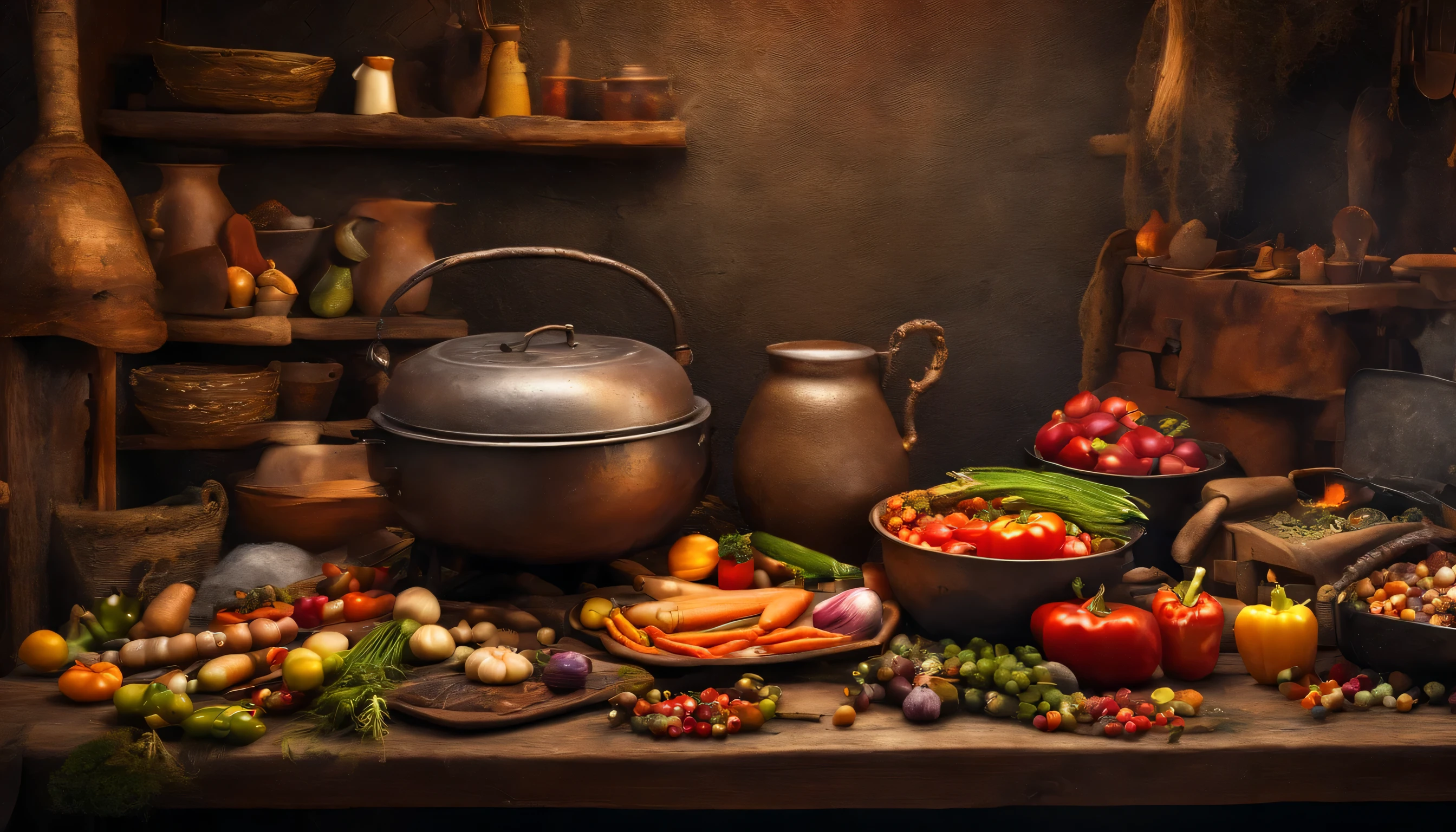 viking kitchen, fireplace cooking area, kettles and cauldrons, vegetables on table, food preparation in progress, antique look, vintage styled
