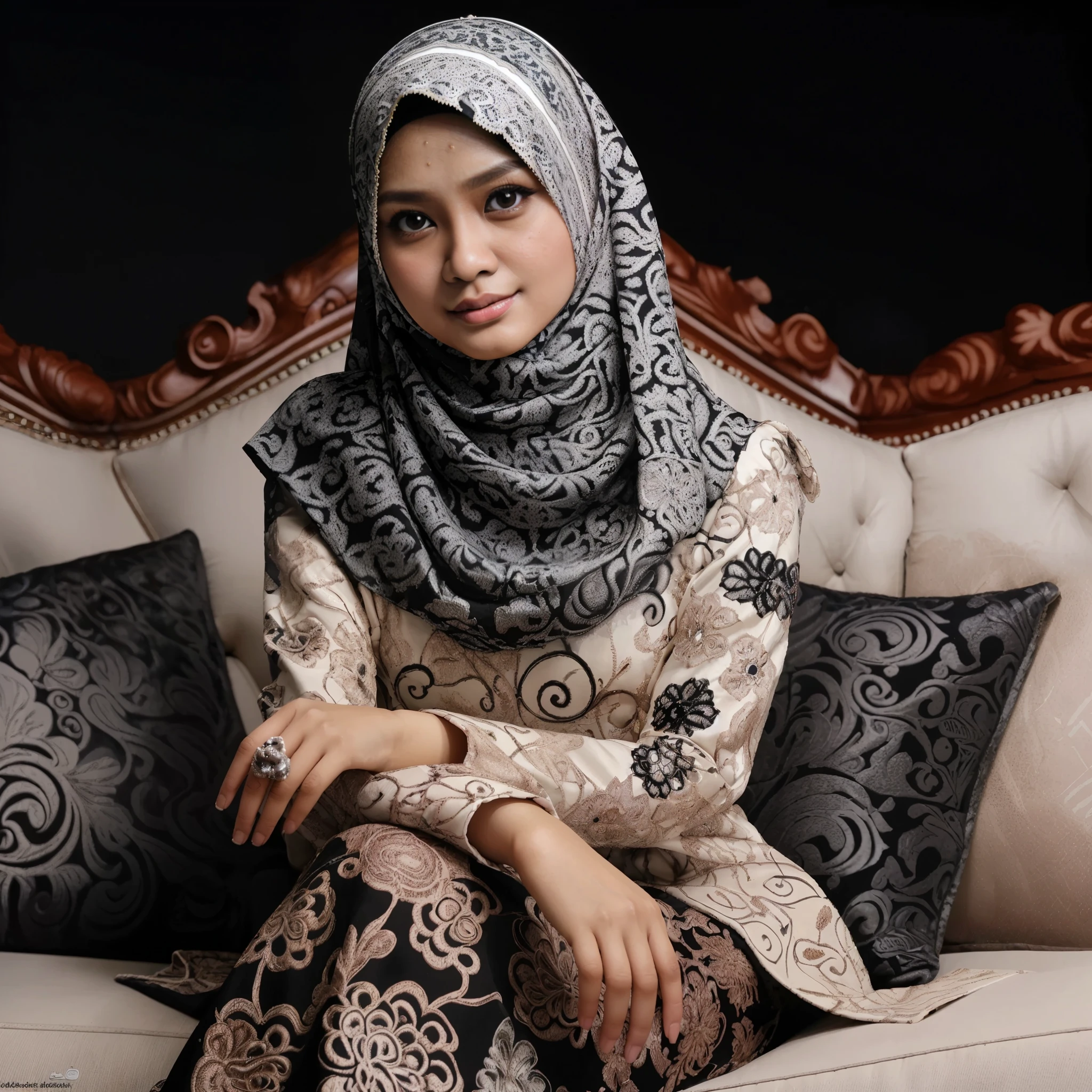 foto studio seorang wanita Indonesia umur 33 tahun memakai baju muslim berhijab dengan corak sama dengan baju, posisi duduk di sofa mewah, background hitam