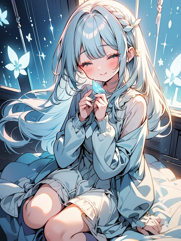 masterpiece, best quality, extremely detailed, (illustration, official art:1.1), 1 girl ,(((( light blue long hair)))), light blue hair, ,, long hair ((blush)) , cute face, big eyes, masterpiece, best quality,(((((a very delicate and beautiful girl))))),Amazing,beautiful detailed eyes,blunt bangs((((little delicate girl)))),tareme(true beautiful:1.2), sense of depth,dynamic angle,,,, affectionate smile, (true beautiful:1.2),,(tiny 1girl model:1.2),)(flat chest)),(Master photography:1.4),(Beautiful and delicate girl:1.2),green light, tranquil, no lineart, Maya Hotel, abandoned room, big windows, leaves are falling, 1gitl sitting on wooden chair, light blue hair and white dress, closed eyes,(sitting with one knee up:1.1), cardigan, luminous glow, mystic atmosphere, depth of field, dynamic angle, light particle effect, light leaks, aerial effect, blue flowers,look into viewers, look into viewers,(sitting with one knee up:1.1), cardigan, luminous glow, mystic atmosphere, depth of field, dynamic angle, light particle effect, light leaks, aerial effect, blue flowers,look into viewers, look into viewers