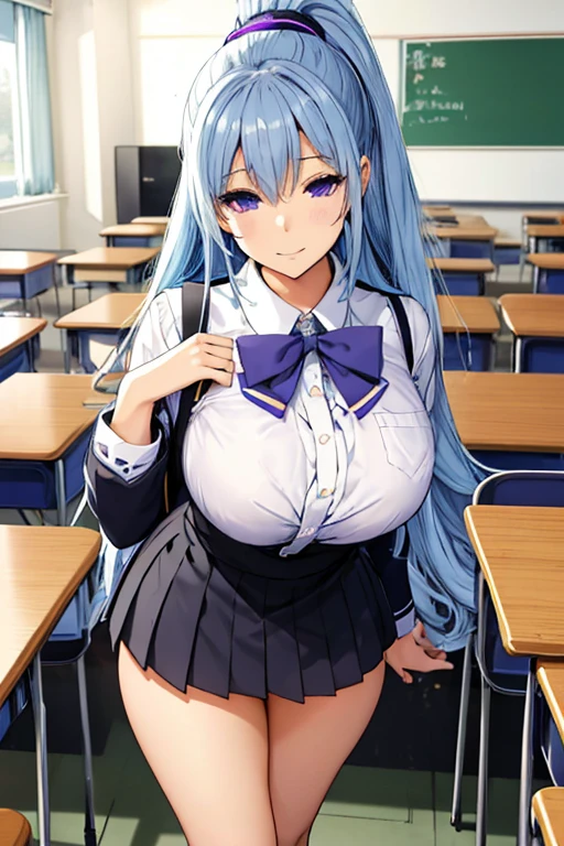 a high school girl , blue and purple eyes, long and black eyelash, higeponytail, gold and light blue hair color, long hair, D cup, sexy school girl outfit costum, in the classroom, high quality Very detailed picture