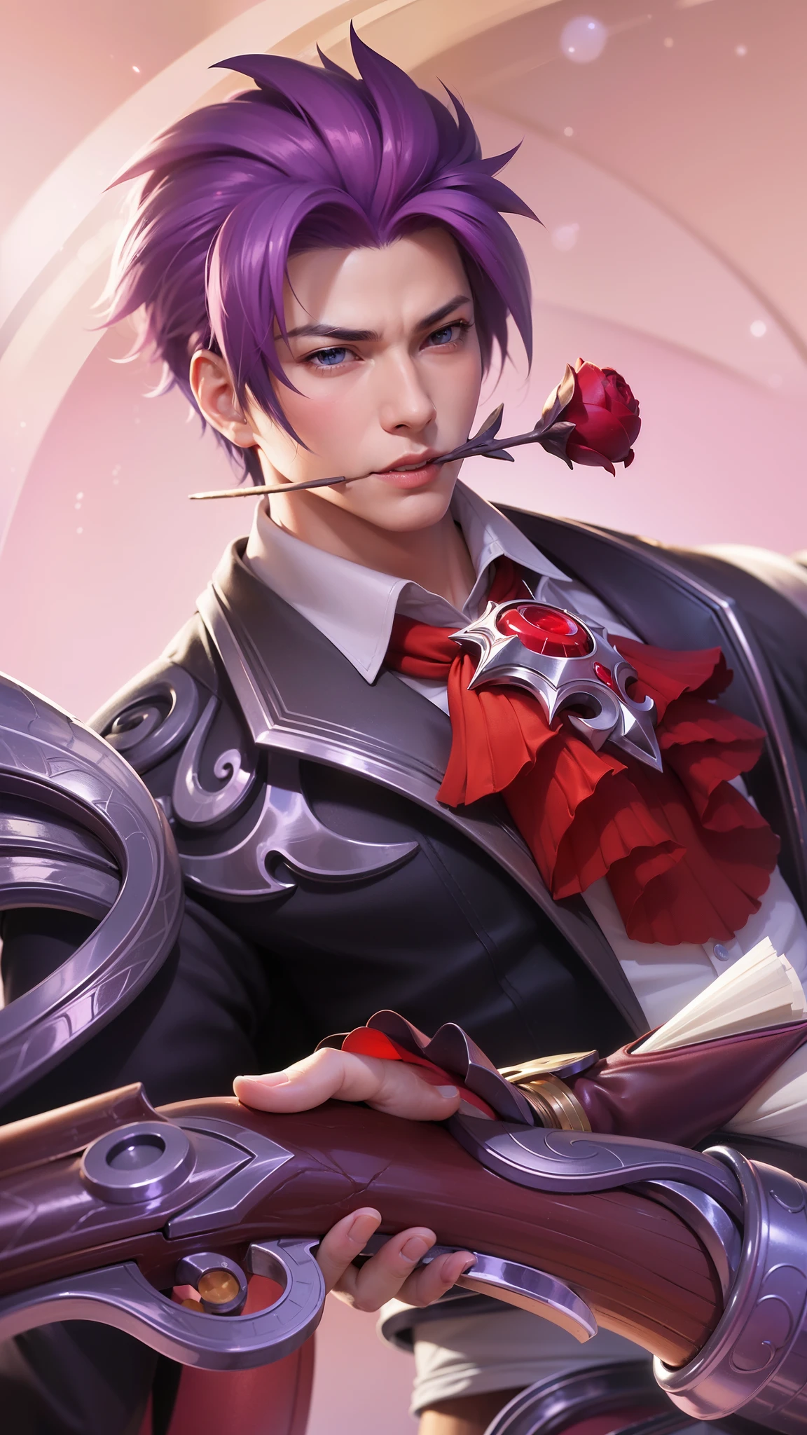 anime - style image of a male character with purple hair and a red tie, ! dream artgerm, extremely detailed artgerm, range murata and artgerm, artgerm. high detail, g liulian art style, artgerm portrait, shadowverse style, by Yang J, arcane art style, 8k, ultra hd, ultra detailed texture, hyper realistic, masterpiece, detailed texture, detailed face, detailed skin, detailed lighting, (photorealistic:1.5), best quality, beautiful lighting, cinematic lighting, professional lighting, ultra highres, realistic, detailed hair, real hair, high quality, (realskin:1.5), extremely detailed, finely detail, ultra-detailed, biting the stem of a red rose, blue eyes.