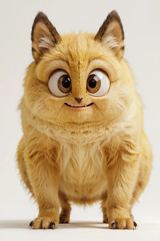 A cute, yellow furry monster with big eyes and a fuzzy mouth is standing on the ground in front of a white background. The monster appears to be smiling and looking at something or someone off-camera.