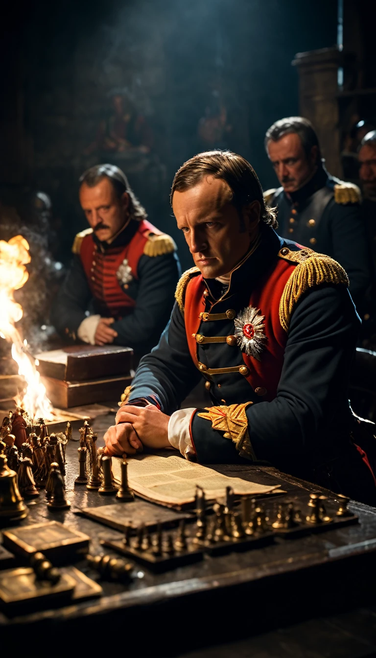 Reenact scenes of Napoleon strategizing with his generals before the campaign, background dark, hyper realistic, ultra detailed hyper realistic, photorealistic, Studio Lighting, reflections, dynamic pose, Cinematic, Color Grading, Photography, Shot on 50mm lens, Ultra-Wide Angle, Depth of Field, hyper-detailed, beautifully color, 8k