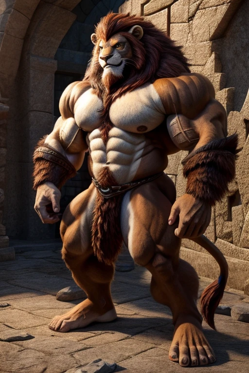 Uma imagem realista de Lion-o dos thundercats, super gigante musculoso, with muscular arms, olhos azuis, uma cauda, super peludo de pelo marrom, com as veias saltando, ombros largos, giant toned physique, veias musculares estourando, usando colete azul rasgada, barefoot, em pose de fisiculturista, levantando um alteres, em seu castelo