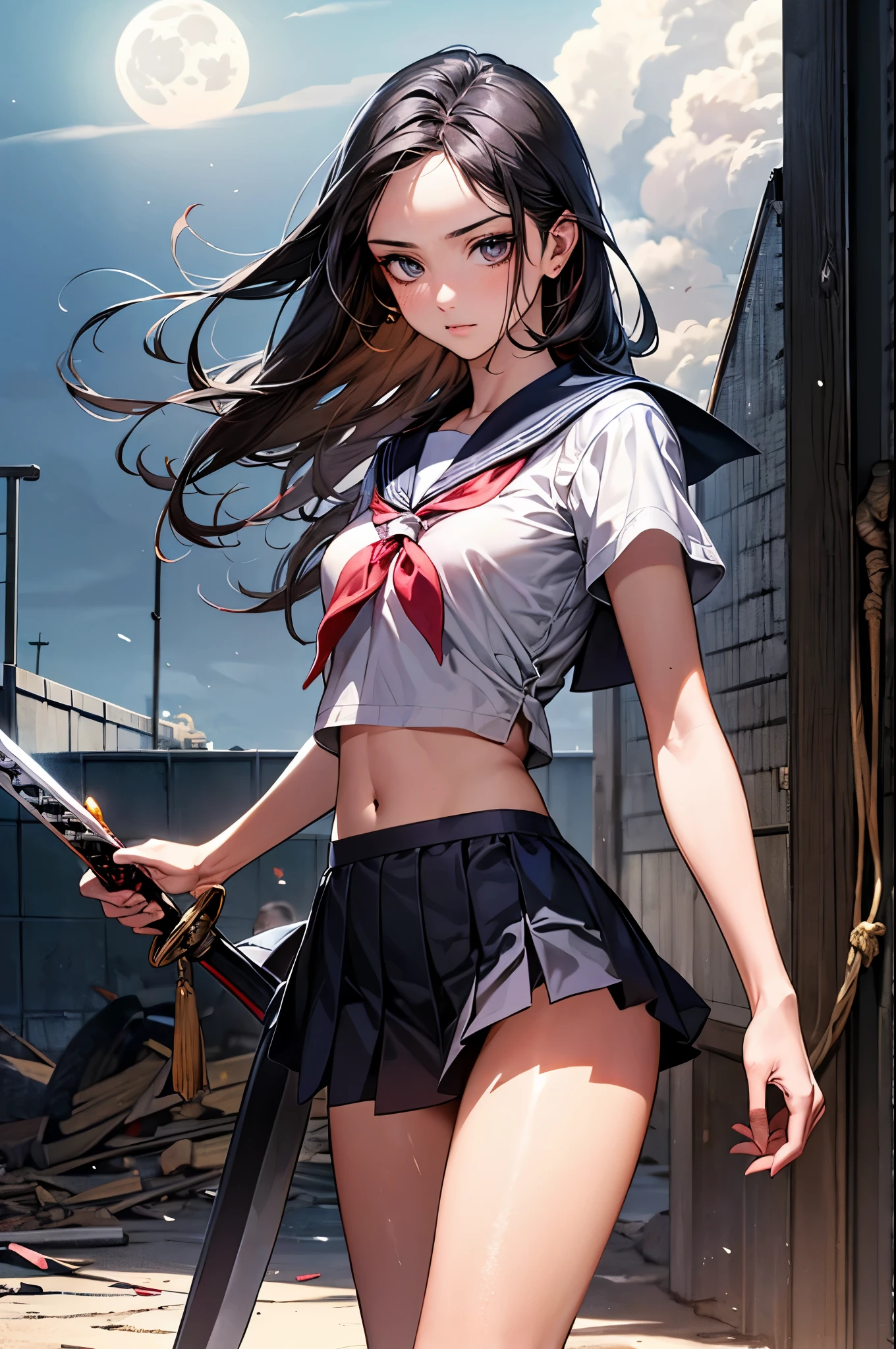 (Ultra HD, Highest quality, High resolution, Hyperrealistic, super beautiful), 24000dpi, Beautiful woman, high school girl, Long Tail, Well-formed eyes, Eyesight max, 18-year-old, Alluring, Completely American, perfect body, Physical Beauty, ((Japanese , Sailor suit, Ultra mini skirt, serafuku)), (((hold, Electric Japanese Sword, Ancient Scabbard, Two-Way))), Blue Lightning, Charge Move, (Special move stance), All in one, Disorganized, (Seven knives fly around her), (((Anatomically correct))), whole body
