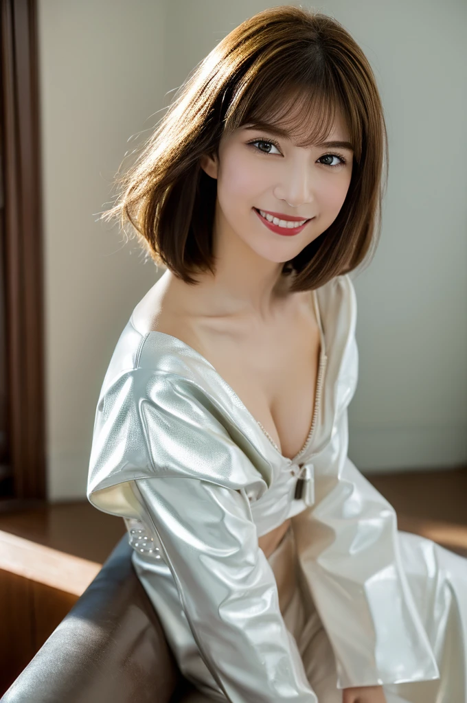 highest quality, Photoreal, alone, stand upright, (White latex material&Punk-style outfit featuring rivets)、(White genuine leather long boots、knee length)、(shortcut)、earrings、double eyelid, (eyelash:0.7)、lip gloss, (smile:1), ((looking at the viewer))、(normal breasts)、(The whole body is reflected)、((Are standing)), (short hair of reddish-brown color wet and shiny,),red mouth,clavicle、full body portrait、digital illustration, (Photoreal:1.3),(Raw photo) black hair, solid circle eye, light smile, brown hair, short hair, bob cut, I opened my eyes, surrealism, cast a shadow, anaglyph, stereogram, tachi-e, throw, atmospheric perspective, cinematic lighting, f/2.8, nikon, 8K, Super detailed, Accurate, highest quality, rough skin, anatomically correct, masterpiece ,masterpiece,highest quality, double eyelid,lip gloss, (smile:1),red mouth,clavicle, ((looking at the viewer)),(short hair of reddish-brown color wet and shiny,),hotel room、(The whole body is reflected)、(机の前にAre standing)、