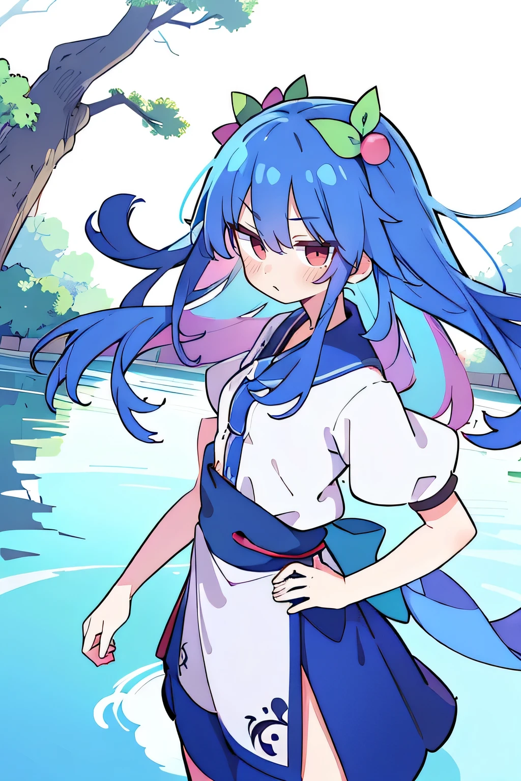 (masterpiece),best quality, expressive eyes, perfect face, 1girl,
 Put your hands on your waist,fair, Gorgeous,Japanese cartoons,girl,lola,Hina Angel, blue hair, blue haired, floating clothes,Grab your waist, Grab your waist, hands on hips , hands on hips,flat chest,Lie in the pool,lake,Lie on the ground,