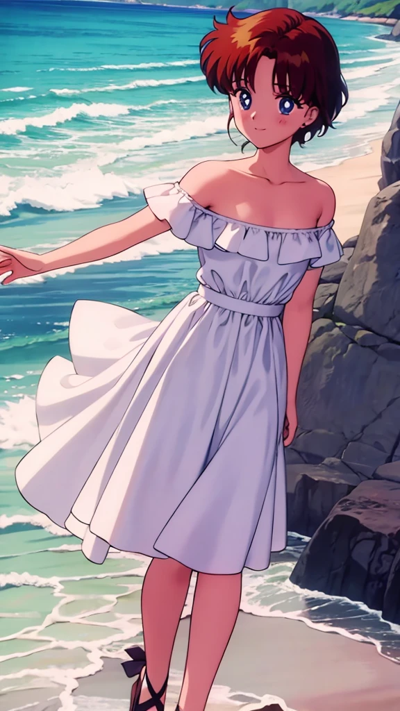 1990s \(style\), masterpiece, best quality, highres, outdoors, small breasts, 1 girl, Solo, UsagiTsukino, Blue Eyes, Beautiful Detail Eyes, Short Yellow Medium Hair, Straight Hair, Good hands are down, Smile, Blushing, Bare Neck, Bare Shoulders, strapless, White Ruffle Off-the-Shoulder maxi dress. Cowboy shot. A landscape of the beach, blue skies, sand beach, ocean waves. In the center. Walking in bare feets.