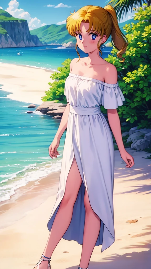 1990s \(style\), masterpiece, best quality, highres, outdoors, small breasts, 1 girl, Solo, UsagiTsukino, Blue Eyes, Beautiful Detail Eyes, Short Yellow Medium Hair, Straight Hair, Good hands are down, Smile, Blushing, Bare Neck, Bare Shoulders, strapless, White Ruffle Off-the-Shoulder maxi dress. Cowboy shot. A landscape of the beach, blue skies, sand beach, ocean waves. In the center. Walking in bare feets.