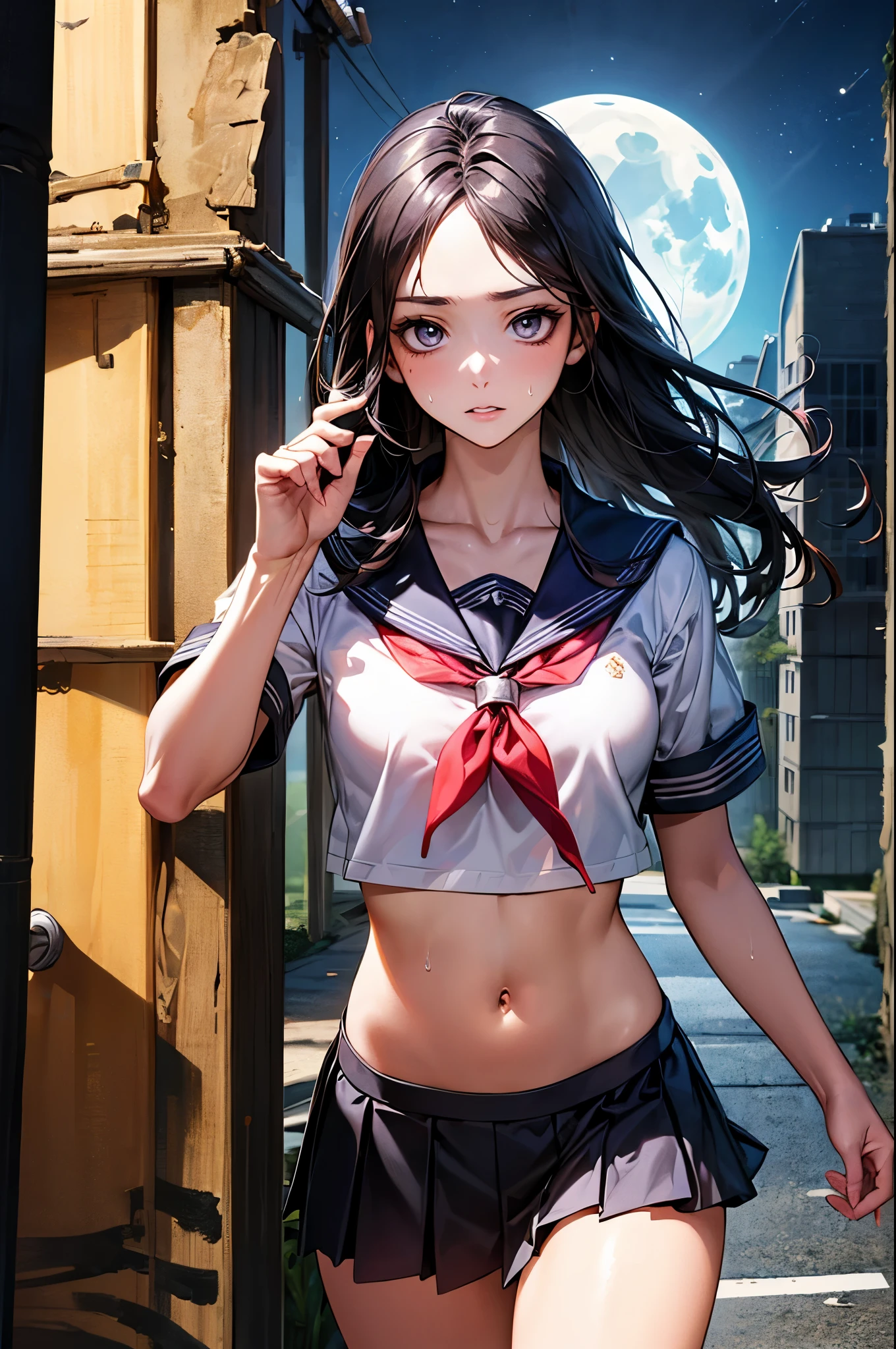 ((monsterの大群と戦う女と剣士達)),((perfect anatomy,realistic:1.2,RAW Photography:1.2,masterpiece、highest quality、Ultra - High resolution、High resolution、Highly detailed CG、8K)),cowboy shot,1 female,solo,18-year-old、High school girl swordsman、18-year-oldの美少女,Japanese,(beautiful detailed face and eyes:1.2,big gorgeous eyes:1.2,gray eyes,),black hair,long bob hair,(center parted hair,forehead),(medium breasts,slender body,small head:1.2,skinny),(oily skin,gleaming skin,shiny skin,sweat),(Holding a Japan sword in his right hand、Accurately depicted Japanese sword),school clothes、short sleeve、sailor suit、Black sailor collar、navel、red neckerchief、Black pleated mini skirt、((Collapsed high-rise building,apocalyptic world,monster、Warriors、at night、moonlight)),