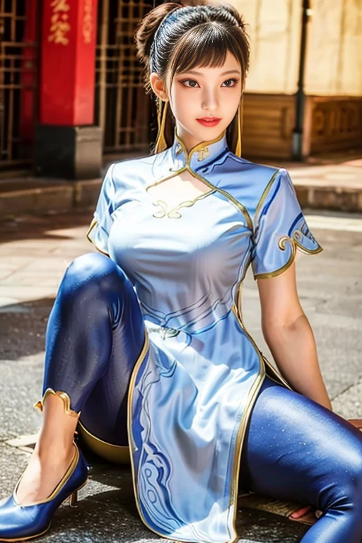 real image、masterpiece、1 beautiful girl、double eyelid、highest quality, 超High resolution, (reality: 1.4), movie lighting、asian beauty、super beautiful、beautiful skin、body turns forward、close up of face、(超reality的な)、(High resolution)、(8K)、(very detailed)、(beautiful and fine eyes)、(Super detailed)、 (wall-)、detailed face、bright lighting、professional lighting、looking at the viewer、look straight ahead、slanted bangs, perfect face, brown hair, medium hair、From SF6, smile, open your mouth、wide hips, ((big breasts))、Tight blue Chinese clothing, cleavage、slit、pantyhose,sitting、open your legs、