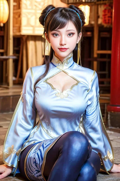 real image、masterpiece、1 beautiful girl、double eyelid、highest quality, 超High resolution, (reality: 1.4), movie lighting、asian beauty、super beautiful、beautiful skin、body turns forward、close up of face、(超reality的な)、(High resolution)、(8K)、(very detailed)、(beautiful and fine eyes)、(Super detailed)、 (wall-)、detailed face、bright lighting、professional lighting、looking at the viewer、look straight ahead、slanted bangs, perfect face, brown hair, medium hair、From SF6, smile, open your mouth、wide hips, ((big breasts))、Tight blue Chinese clothing, cleavage、slit、pantyhose,sitting、open your legs、