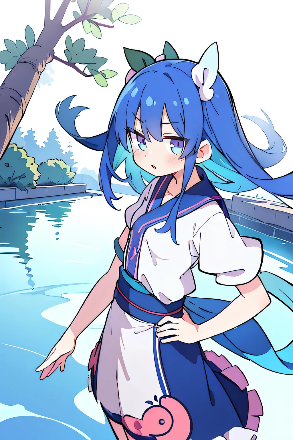 (masterpiece),best quality, expressive eyes, perfect face, 1girl,
Put your hands on your waist,fair, Gorgeous,Japanese cartoons,girl,lola,Hina Angel, blue hair, blue haired, floating clothes,Grab your waist, Grab your waist, hands on hips , hands on hips,flat chest,Lie in the pool,lake,Lie on the ground,