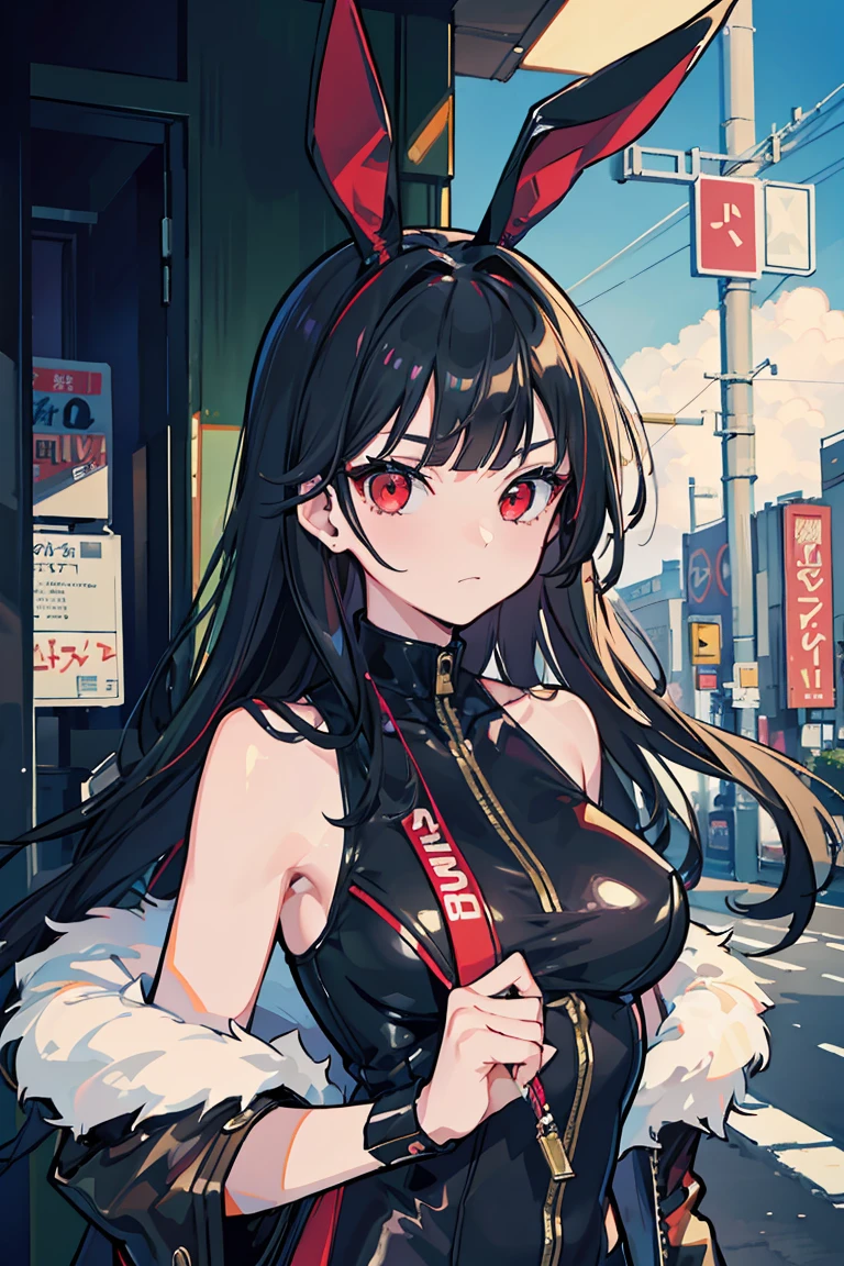 (1 girl), (Bunny ears),exposure is low, Upper body, Punk fashion, (beastman),(super high quality), masterpiece, wild, cute, casual scene, relaxed atmosphere, she wears fashionable clothes, beautiful表情 , Warm sunlight, Street atmosphere, urban environment. perfect body, medium breasts,Fresh, wild, (asymmetrical bangs:1.3), braided hair, highly detailed face and eyes, (jet black hair, Deep gradient red eyes:1.2),(Shiny highlight eyes), digital art, beautiful, cinematic lighting, by Yusuke Murata.tonality, romanticism, modern art, Impressionism, reflected light, 8K, masterpiece, advanced details, highest quality, Just five fingers