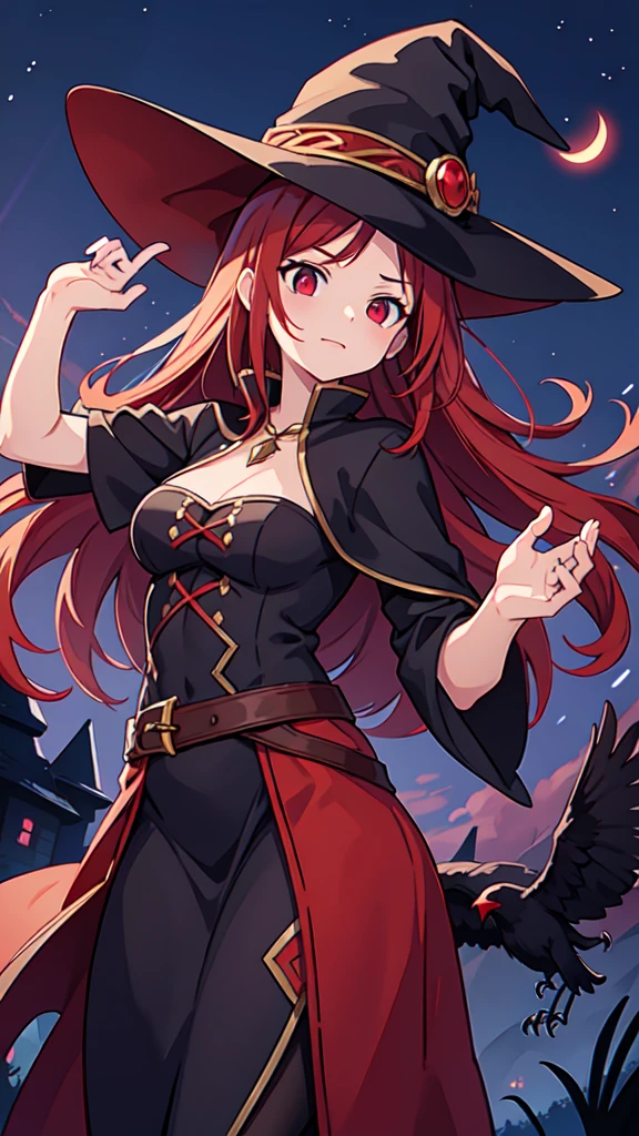 Witch, RPG, Sorceress, Magic, Red-haired Woman, reaching for a crow, night background