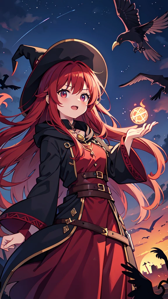 Witch, RPG, Sorceress, Magic, Red-haired Woman, reaching for a crow, night background