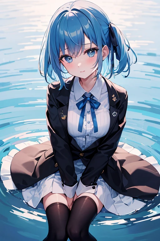 ((top-quality)), ((masterpiece)), ((ultra-detailliert)), (extremely delicate and beautiful), girl with, solo, cold attitude,((Black jacket)),She is very(relax)with the(Settled down)Looks,A dark-haired, depth of fields,evil smile,Bubble, under the water, Air bubble,bright light blue eyes,Inner color with light blue hair and dark blue tips,Cold background,Bob Hair - Linear Art, shortpants、knee high socks、White uniform like 、Light blue ribbon ties、Clothes are sheer、Hands in pockets