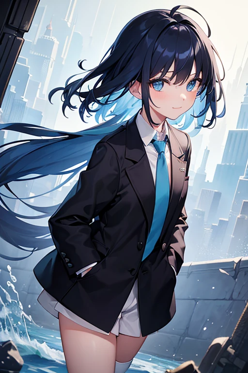 ((top-quality)), ((masterpiece)), ((ultra-detailliert)), (extremely delicate and beautiful), girl with, solo, cold attitude,((Black jacket)),She is very(relax)with the(Settled down)Looks,A dark-haired, depth of fields,evil smile,Bubble, under the water, Air bubble,bright light blue eyes,Inner color with light blue hair and dark blue tips,Cold background,Bob Hair - Linear Art, shortpants、knee high socks、White uniform like 、Light blue ribbon ties、Clothes are sheer、Hands in pockets