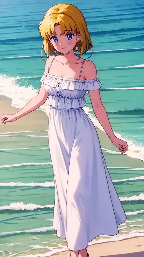 1990s \(style\), masterpiece, best quality, highres, outdoors, small breasts, 1 girl, Solo, UsagiTsukino, Blue Eyes, Beautiful Detail Eyes, Short Yellow Medium Hair, Straight Hair, Bangs, Good hands are down, Smile, Blushing, Bare Neck, Bare Shoulders, strapless, White Ruffle Off-the-Shoulder maxi dress. Cowboy shot. A landscape of the beach, blue skies, sand beach, ocean waves. In the center. Walking in bare feets.