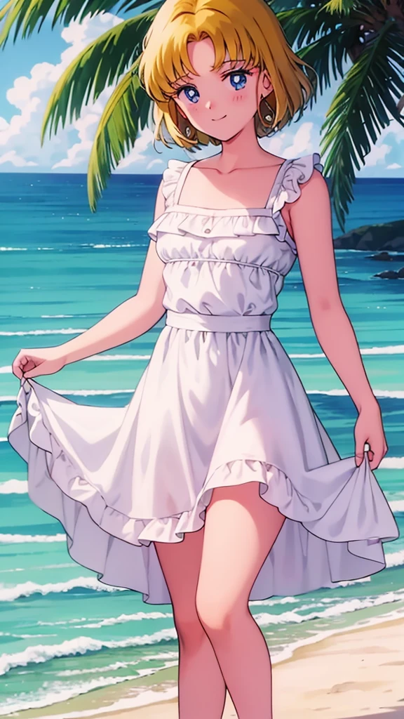 1990s \(style\), masterpiece, best quality, highres, outdoors, small breasts, 1 girl, Solo, UsagiTsukino, Blue Eyes, Beautiful Detail Eyes, Short Yellow Medium Hair, Straight Hair, Bangs, Good hands are down, Smile, Blushing, Bare Neck, Bare Shoulders, strapless, White Ruffle Off-the-Shoulder maxi dress. Cowboy shot. A landscape of the beach, blue skies, sand beach, ocean waves. In the center. Walking in bare feets.