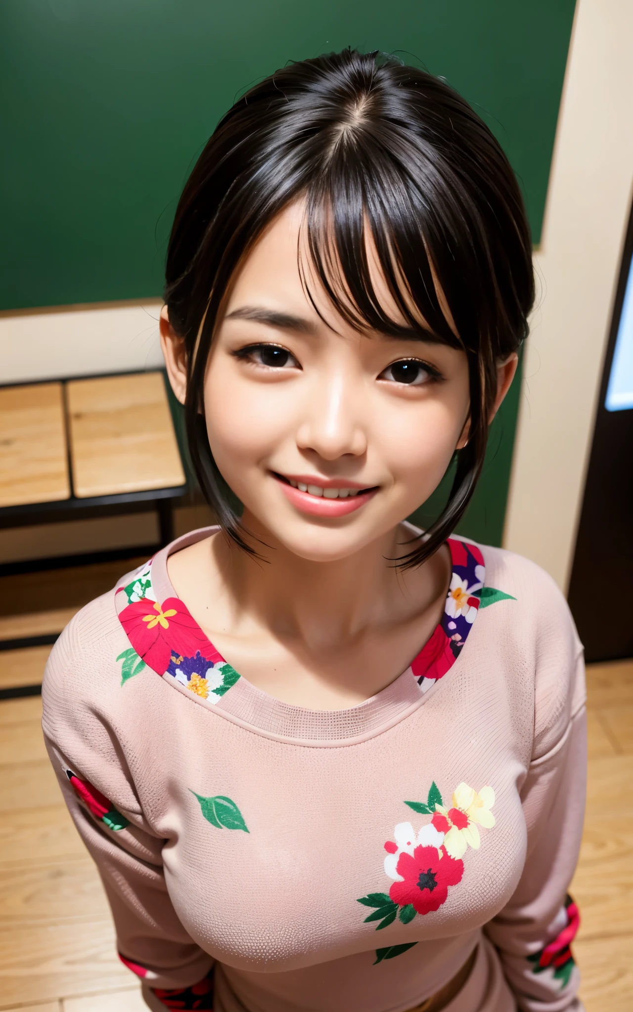 highest quality, figure, super detailed, finely, High resolution, 8k wallpaper, 完璧なダイナミックな構figure, beautiful skin, (big eyes), 20 year old beautiful girl, natural color lip, (sexy pose), Mid chest, smile, Highly detailed face and skin texture, Detailed eyes, Double eyelid,leaking teeth and laughing, close-up, from above, medium black hair, (floral sweatshirt:1.2), indoor