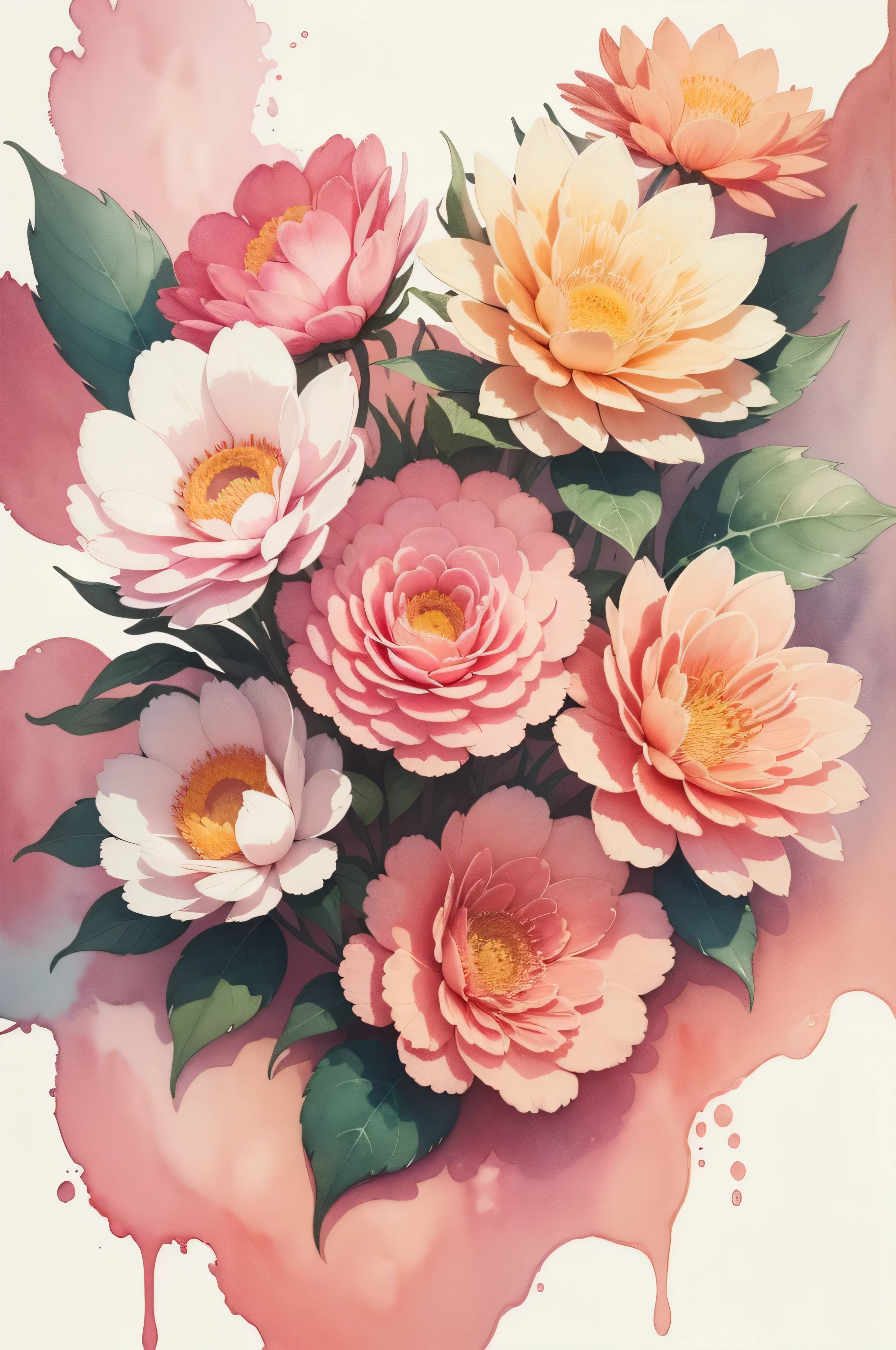 a painting of flowers on a white background with brown leaves, a watercolor painting by Alice Rahon, pinterest, baroque, pink flowers, watercolor painting, watercolor painting style, water color painting, detailed watercolor painting, water color, botanic watercolors, watercolor ink painting, rich aquarel, watercolored.